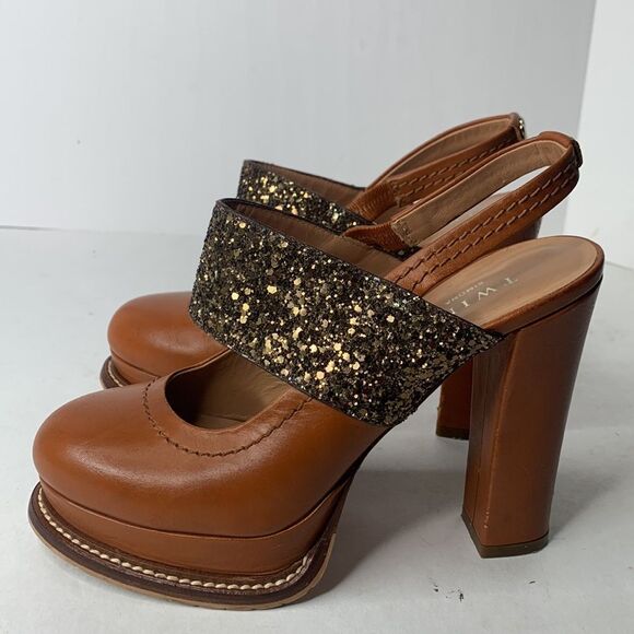 Twin-Set gold glitter tan leather platform pumps - Picture 3 of 10